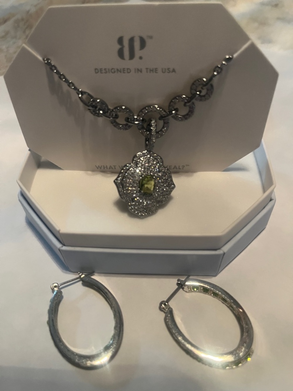 Silver Flower Pendant Necklace with Green Gemstone and Matching Hoop Earrings by